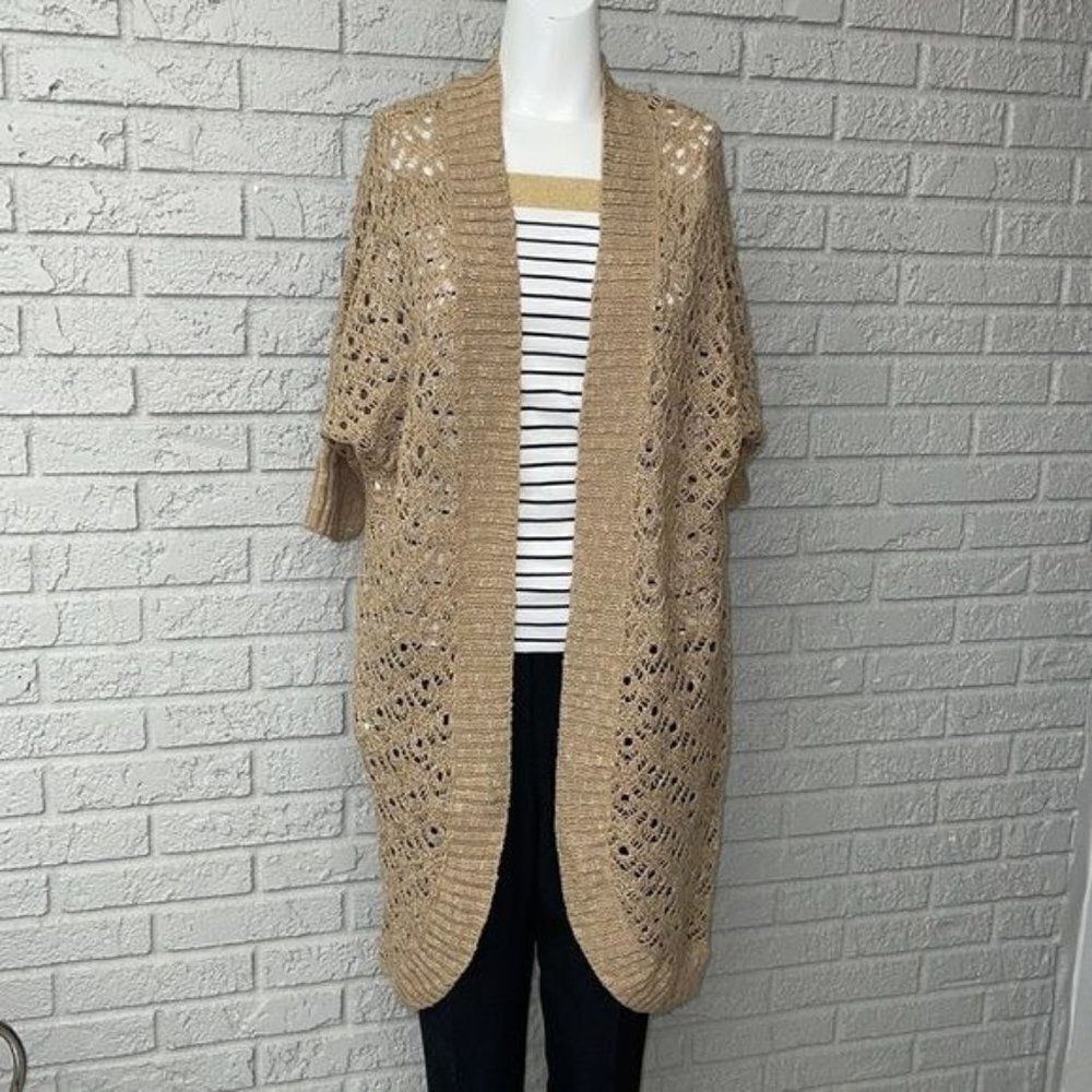 OSO Casual Open Front Tan Crocheted Cardigan Size M